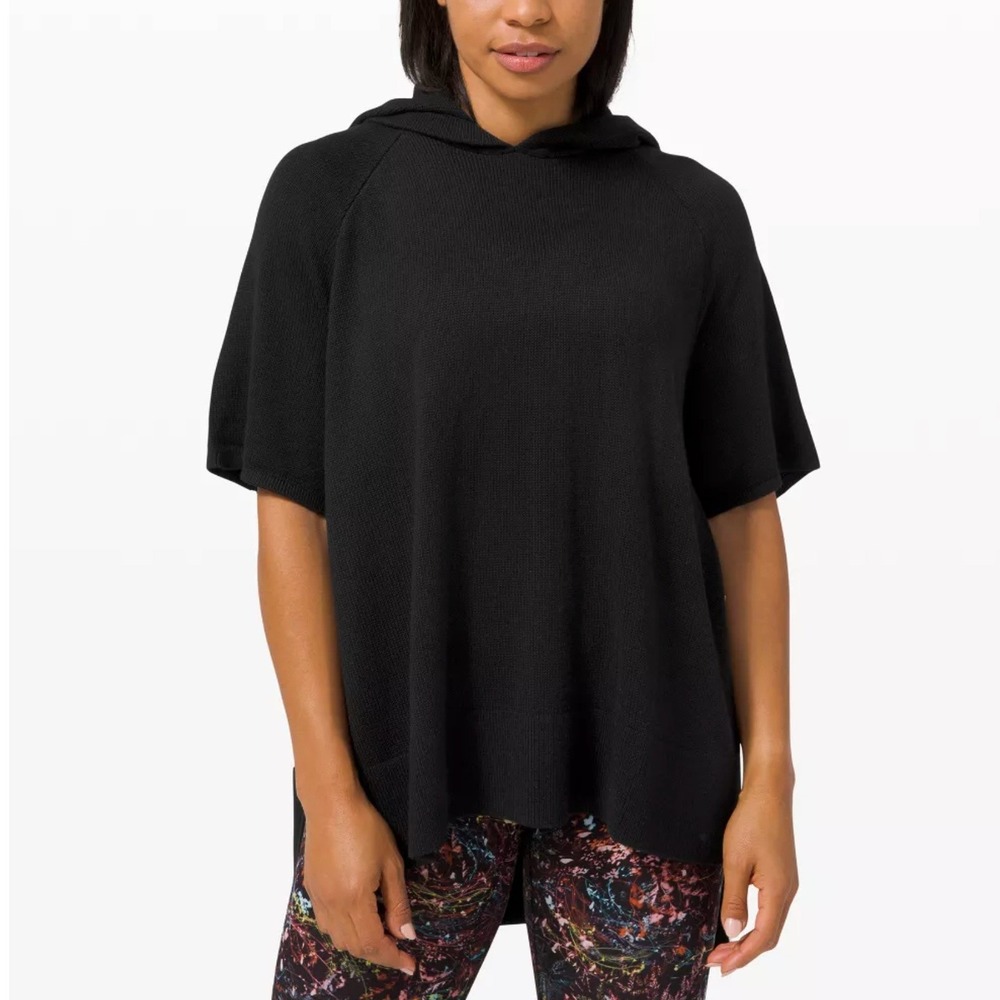 Lululemon‎ M/L Hooded Poncho Short Sleeve Knit Sweater Cashmere Blend Black